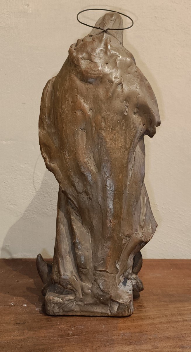 Bella scultura in terracotta raffigurante vergine dell'apocalisse con drago e luna. Italia, inizio del XVIII secolo.-photo-2