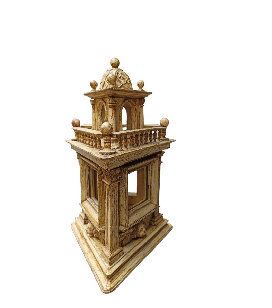 Insolito modello architettonico in legno intagliato e dipinto. Fine del XVIII secolo.-photo-2