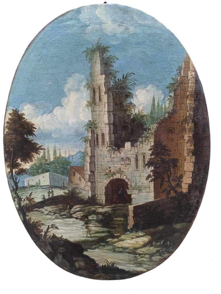 Dipinto ovale ad olio su tela raffigurante capriccio architettonico.Italia,XVIII secolo