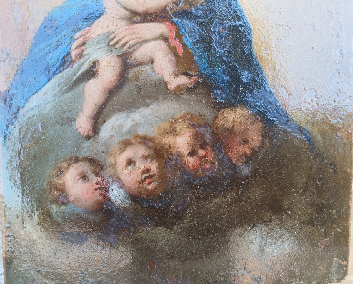 Olio su rame raffigurante madonna in gloria .Italia, XVII secolo.-photo-3