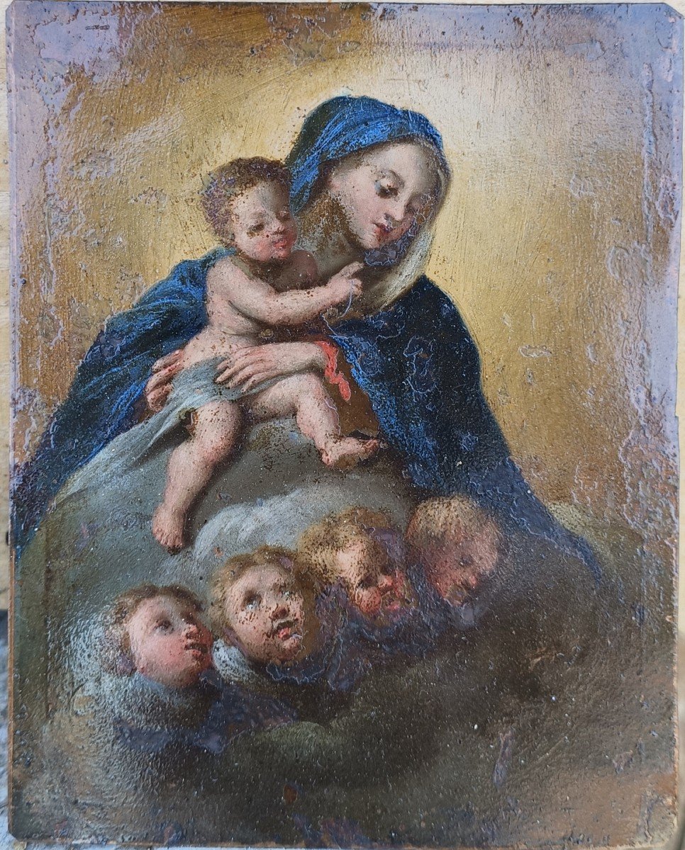 Olio su rame raffigurante madonna in gloria .Italia, XVII secolo.