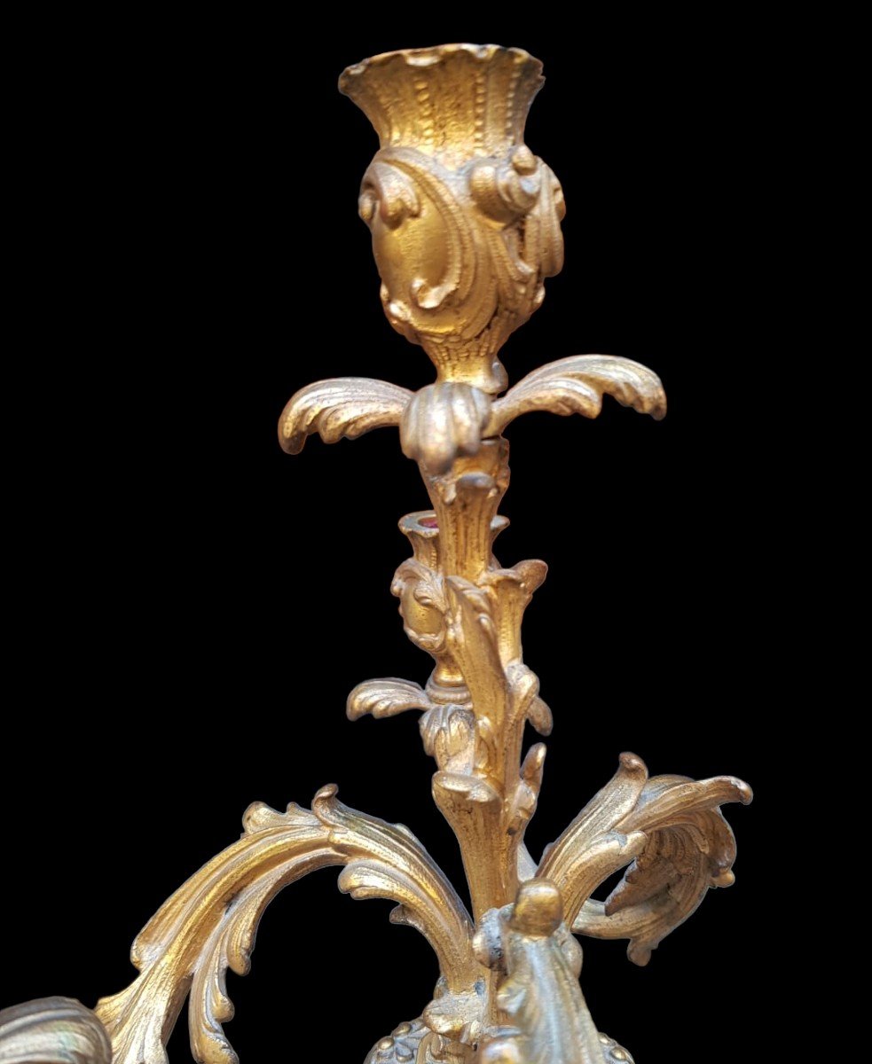 Coppia di candelabri in  bronzo dorato . Francia fine XIX secolo.-photo-3