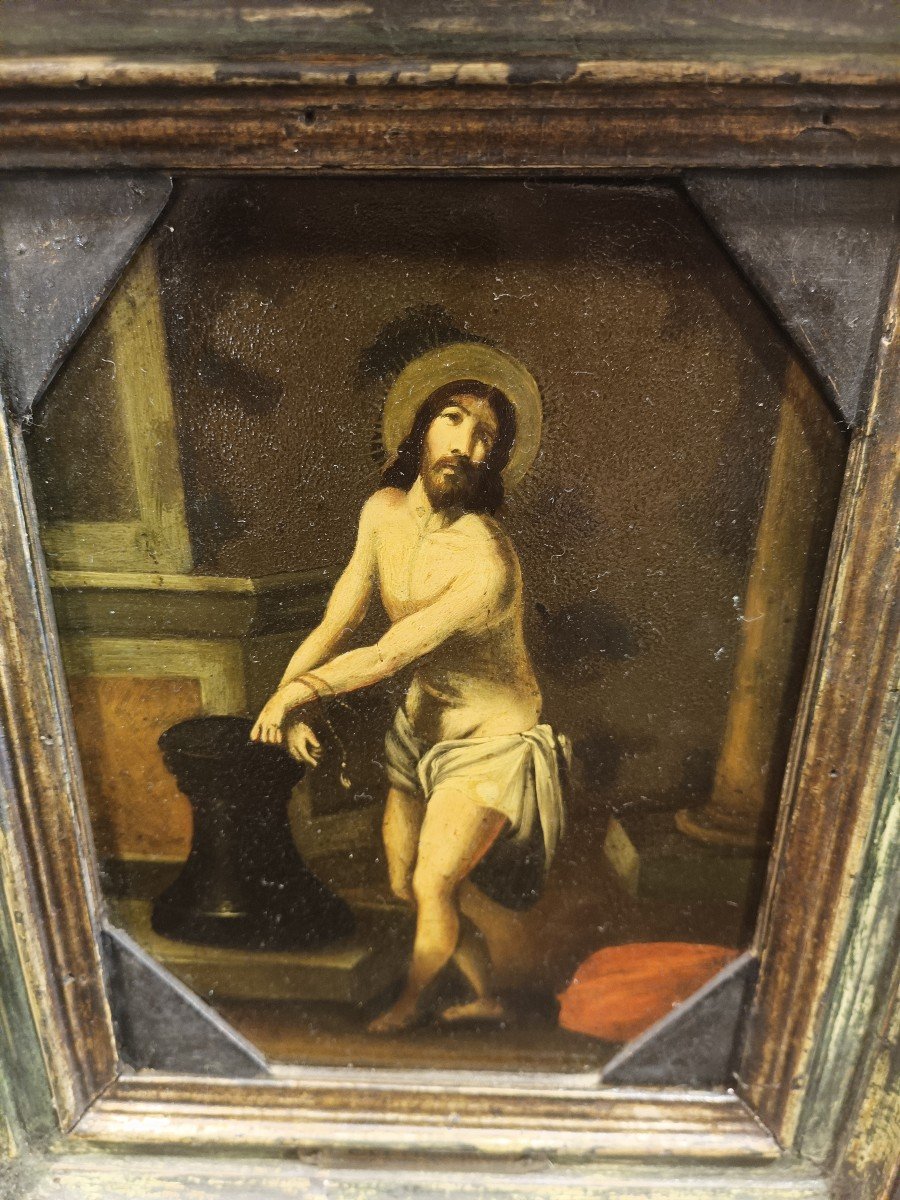 Dipinto su ardesia raffigurante cristo alla colonna. Italia ,XVII secolo.-photo-2