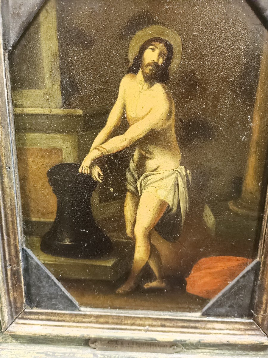 Dipinto su ardesia raffigurante cristo alla colonna. Italia ,XVII secolo.-photo-4