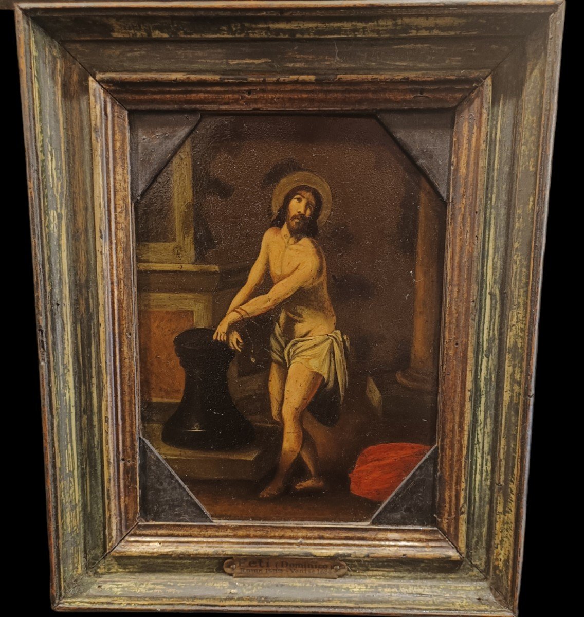 Dipinto su ardesia raffigurante cristo alla colonna. Italia ,XVII secolo.