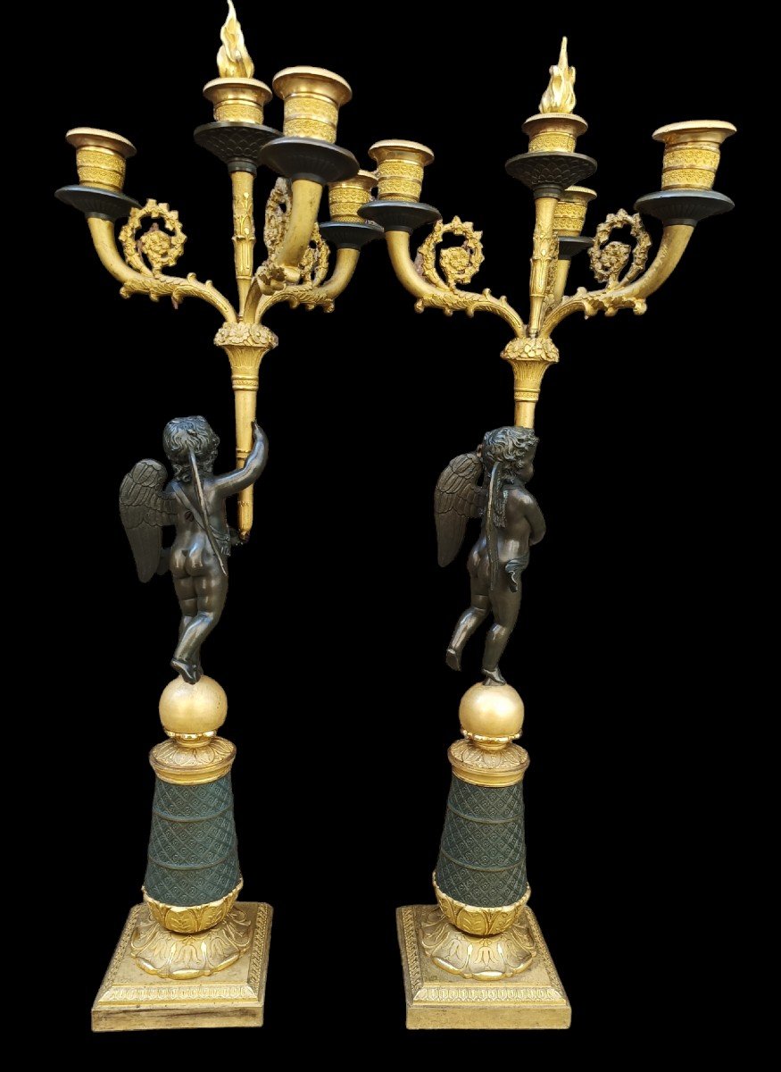 Coppia di candelabri in bronzo cesellato dorato e brunito. Francia,periodo Carlo X(1824-1830).-photo-4