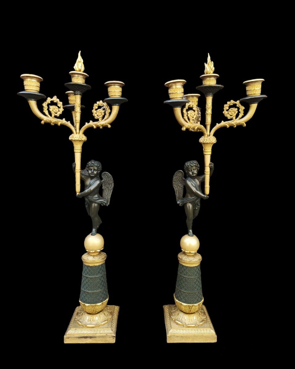 Coppia di candelabri in bronzo cesellato dorato e brunito. Francia,periodo Carlo X(1824-1830).