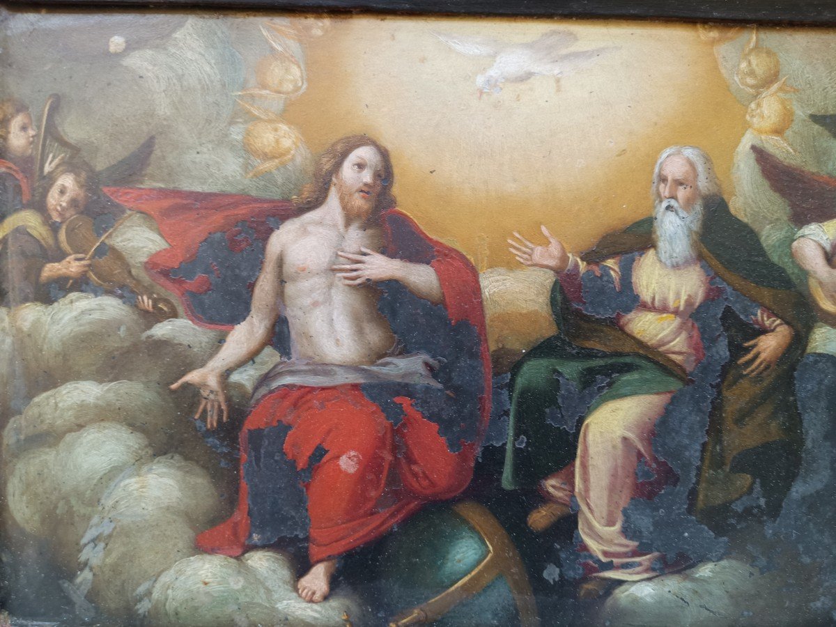 Dipinto ad olio su ardesia raffigurante cristo in gloria.Italia,XVII secolo.-photo-3