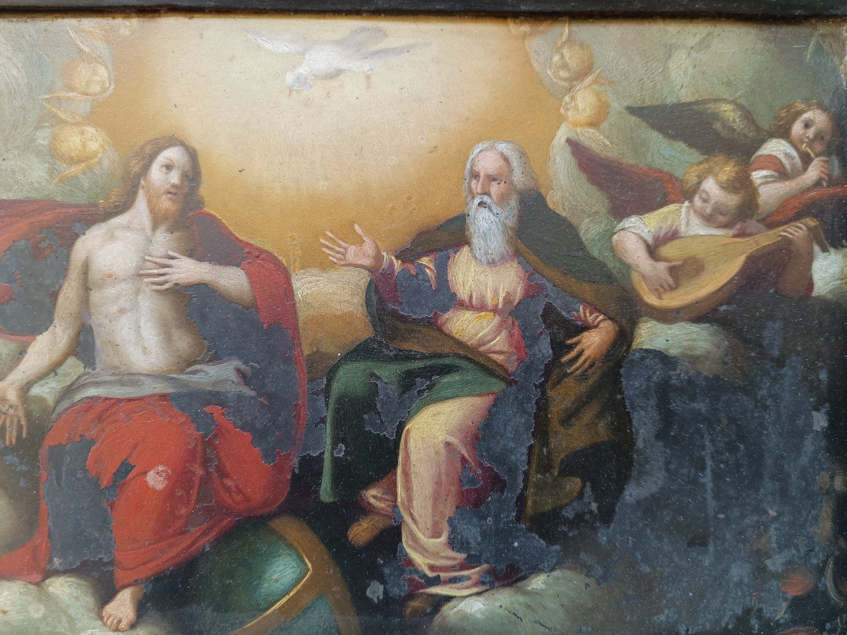 Dipinto ad olio su ardesia raffigurante cristo in gloria.Italia,XVII secolo.-photo-4