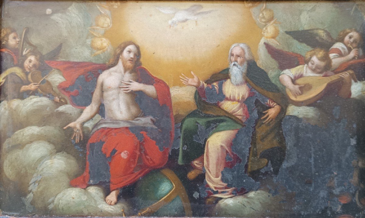 Dipinto ad olio su ardesia raffigurante cristo in gloria.Italia,XVII secolo.-photo-2