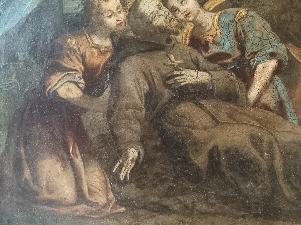 Olio su ardesia raffigurante compianto su san Francesco . Verona,XVII secolo.-photo-2