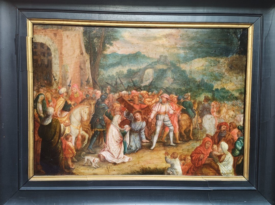 Olio su rame raffigurante Cristo al calvario. Cerchia di Frans Francken II(1581-1642)-photo-2