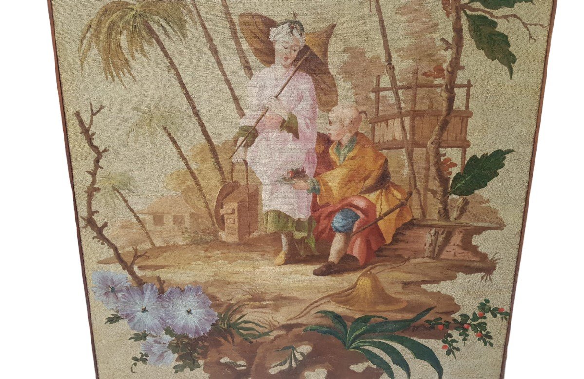 Dipinto su tela raffigurante scena  a cineserie.Piemonte,XVIII secolo.-photo-2