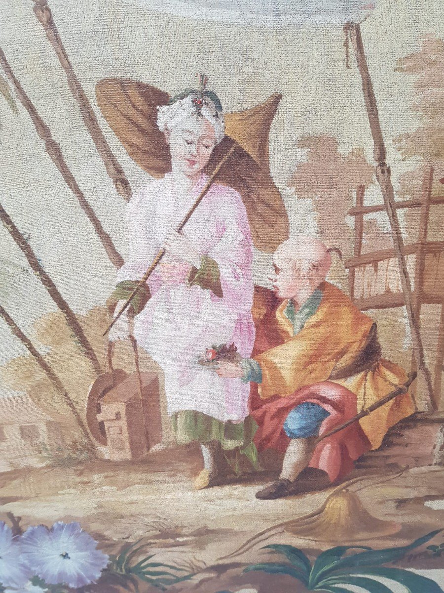 Dipinto su tela raffigurante scena  a cineserie.Piemonte,XVIII secolo.-photo-3