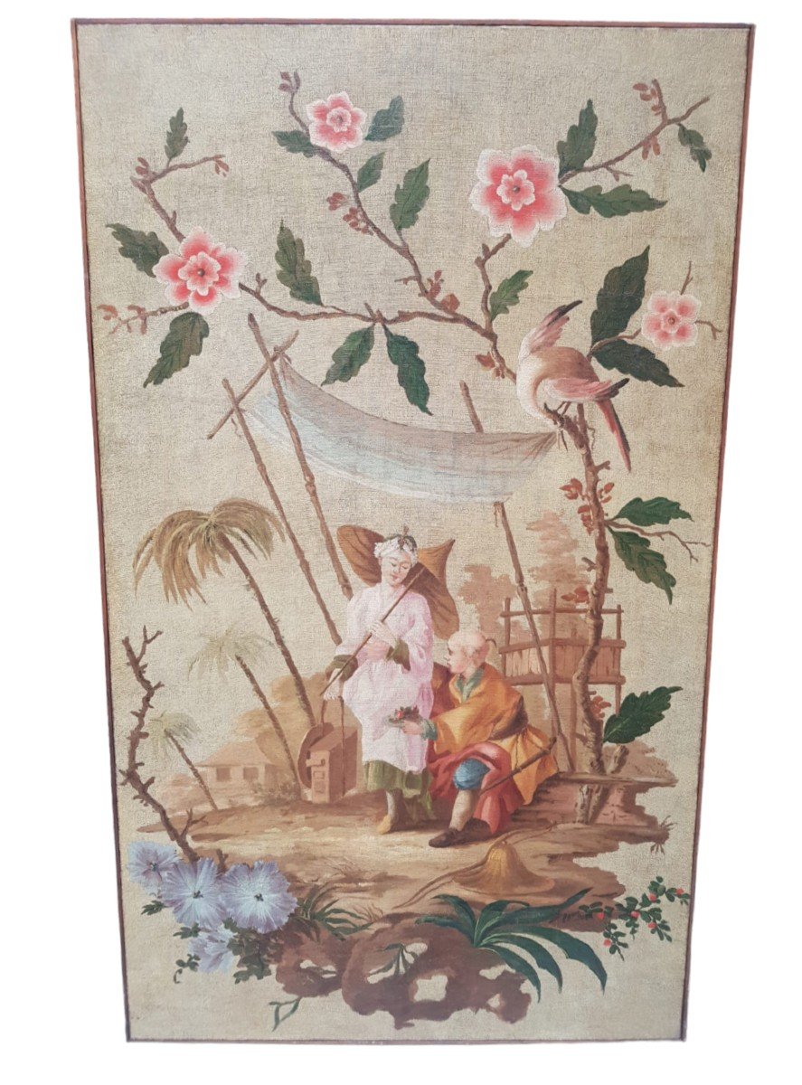 Dipinto su tela raffigurante scena  a cineserie.Piemonte,XVIII secolo.