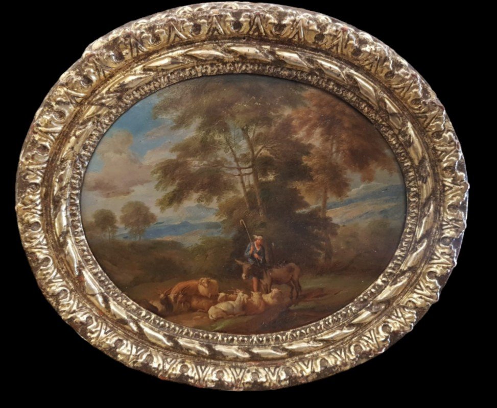 Olio su rame raffigurante paesaggio.Pittore fiammingo del XVII secolo.
