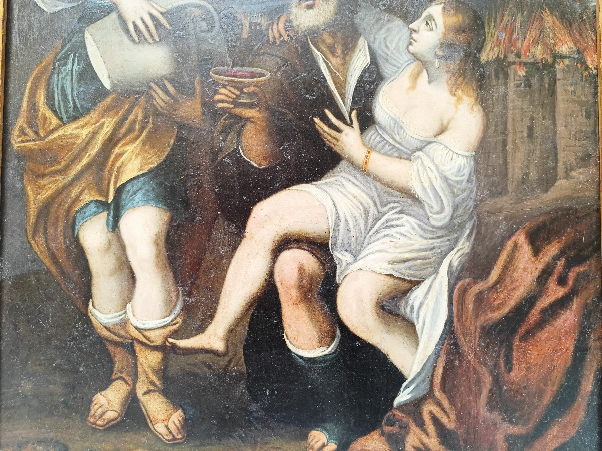 Dipinto su ardesia Lot e le figlie. Verona,XVII secolo.-photo-3