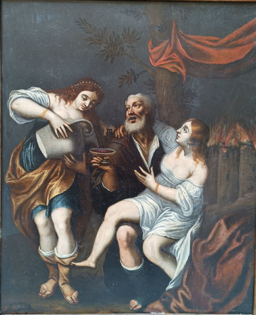 Dipinto su ardesia Lot e le figlie. Verona,XVII secolo.