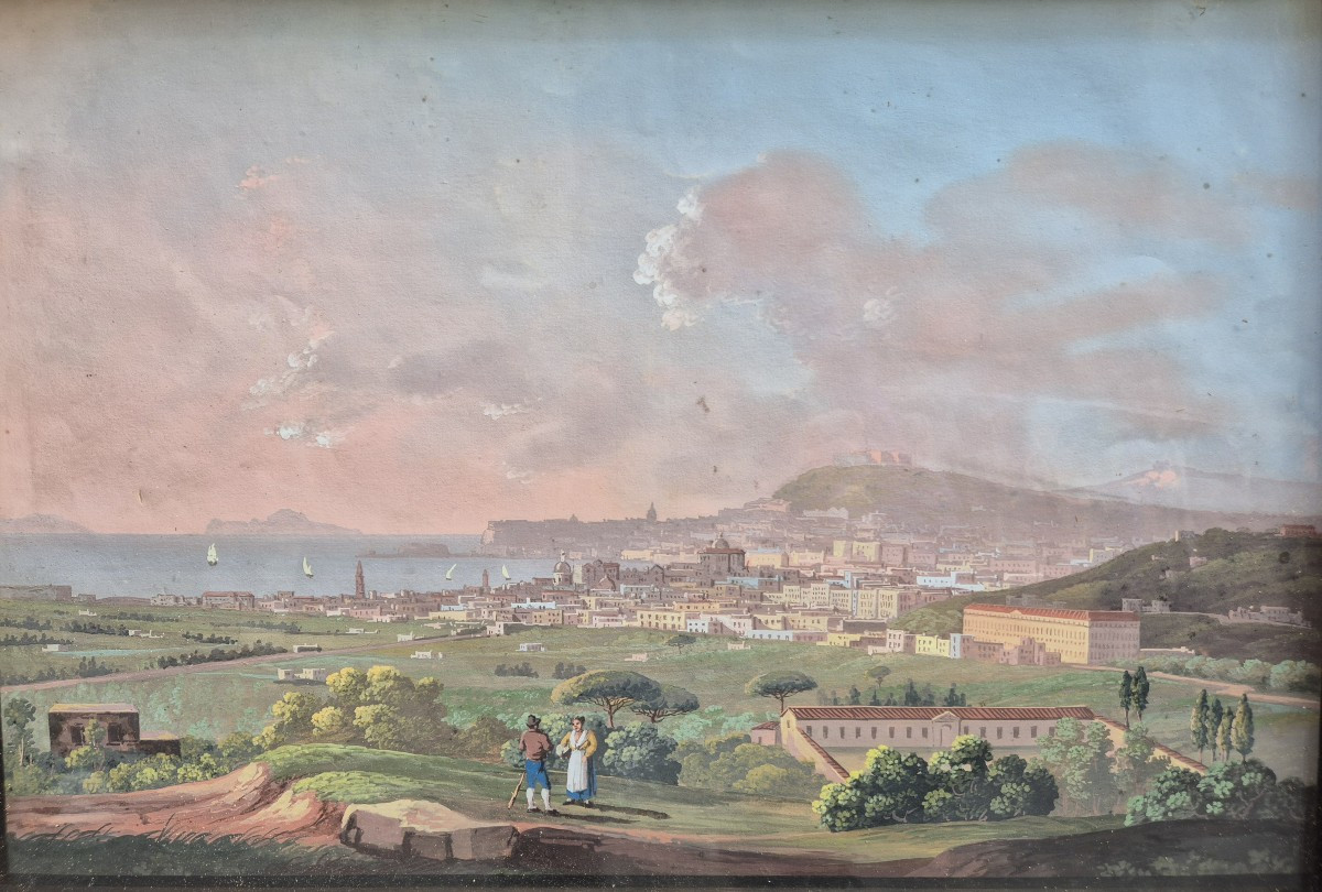 Gouache raffigurante veduta di città.Cerchia di Saverio della Gatta(1758-1828).