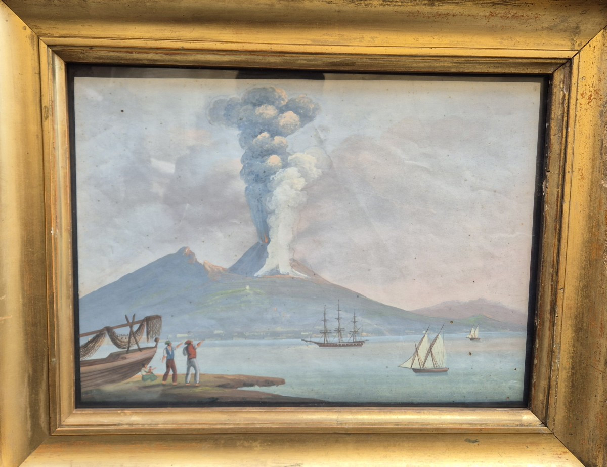 Gouache raffigurante eruzione del Vesuvio. Napoli,inizio  XIX secolo.-photo-2