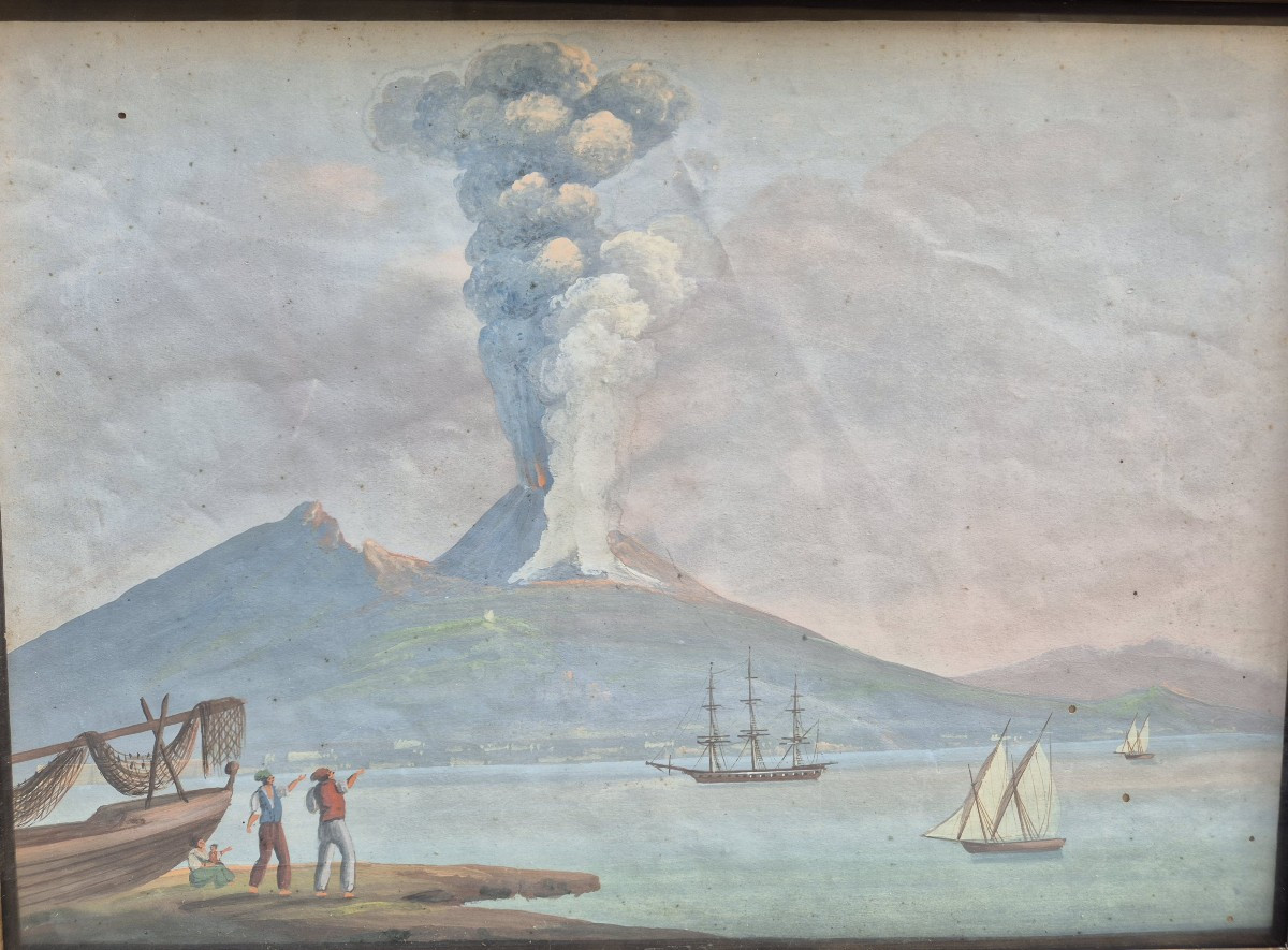 Gouache raffigurante eruzione del Vesuvio. Napoli,inizio  XIX secolo.