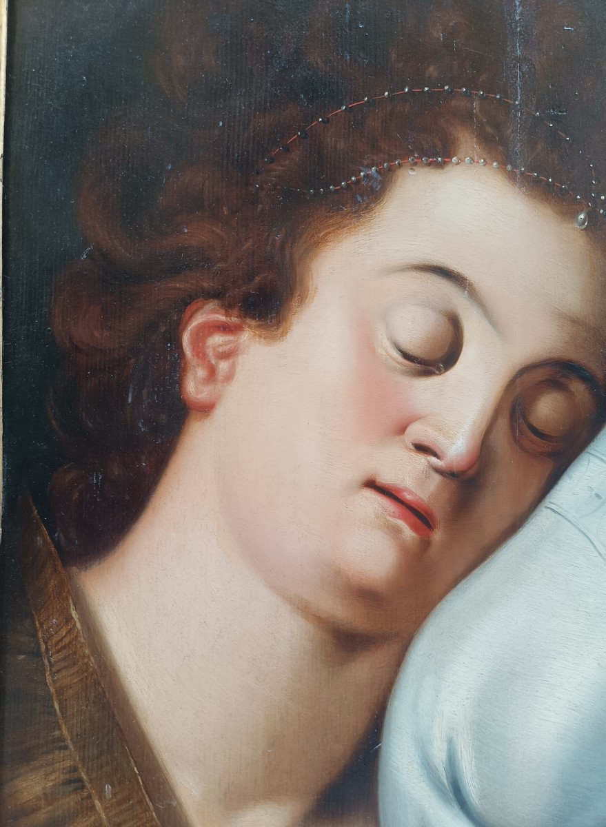 Frans Floris(1519-1570).Dipinto raffigurante Testa muliebre addormentata.-photo-3