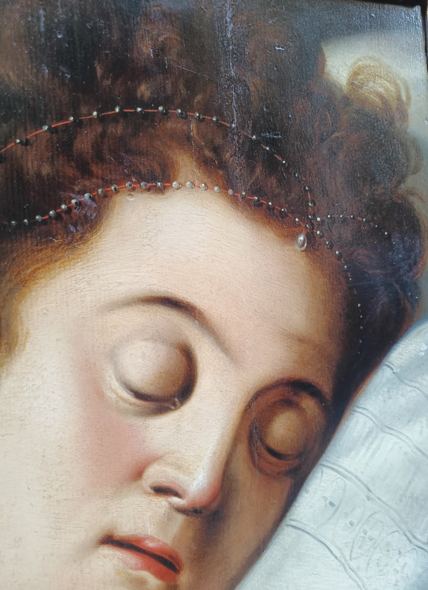 Frans Floris(1519-1570).Dipinto raffigurante Testa muliebre addormentata.-photo-4