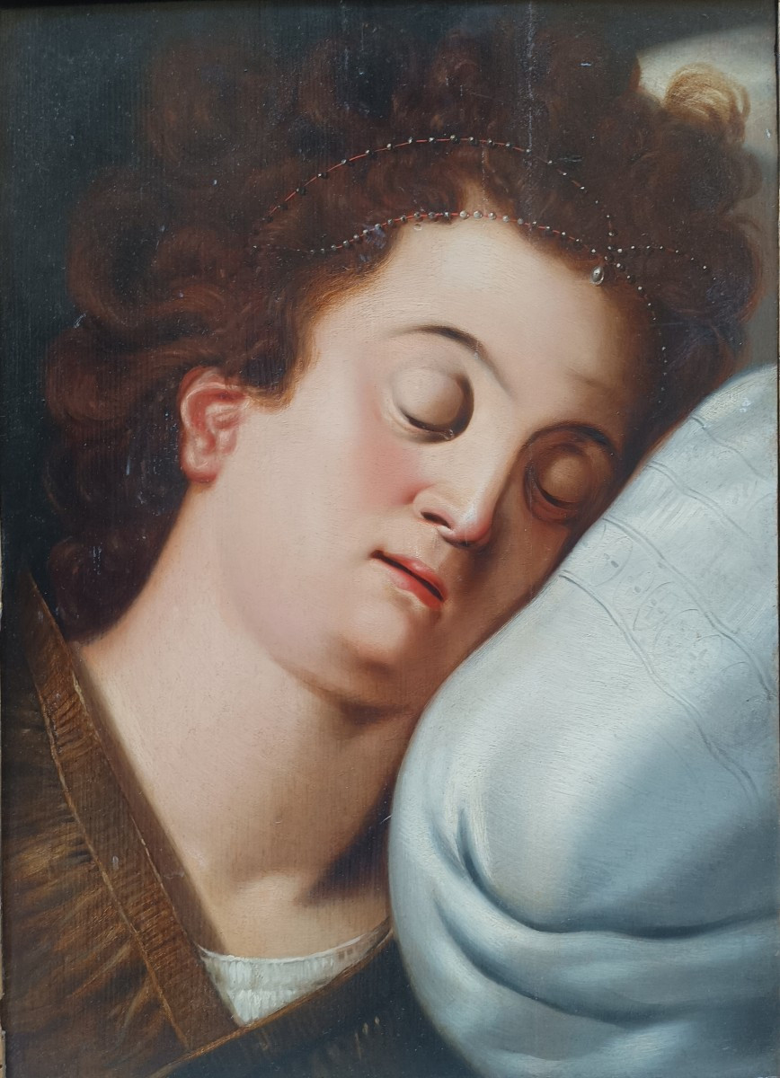 Frans Floris(1519-1570).Dipinto raffigurante Testa muliebre addormentata.