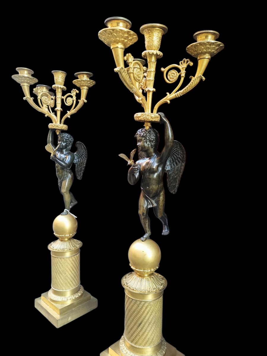 Coppia di grandi candelabri in bronzo dorato.Francia,inizio XIX secolo.-photo-2