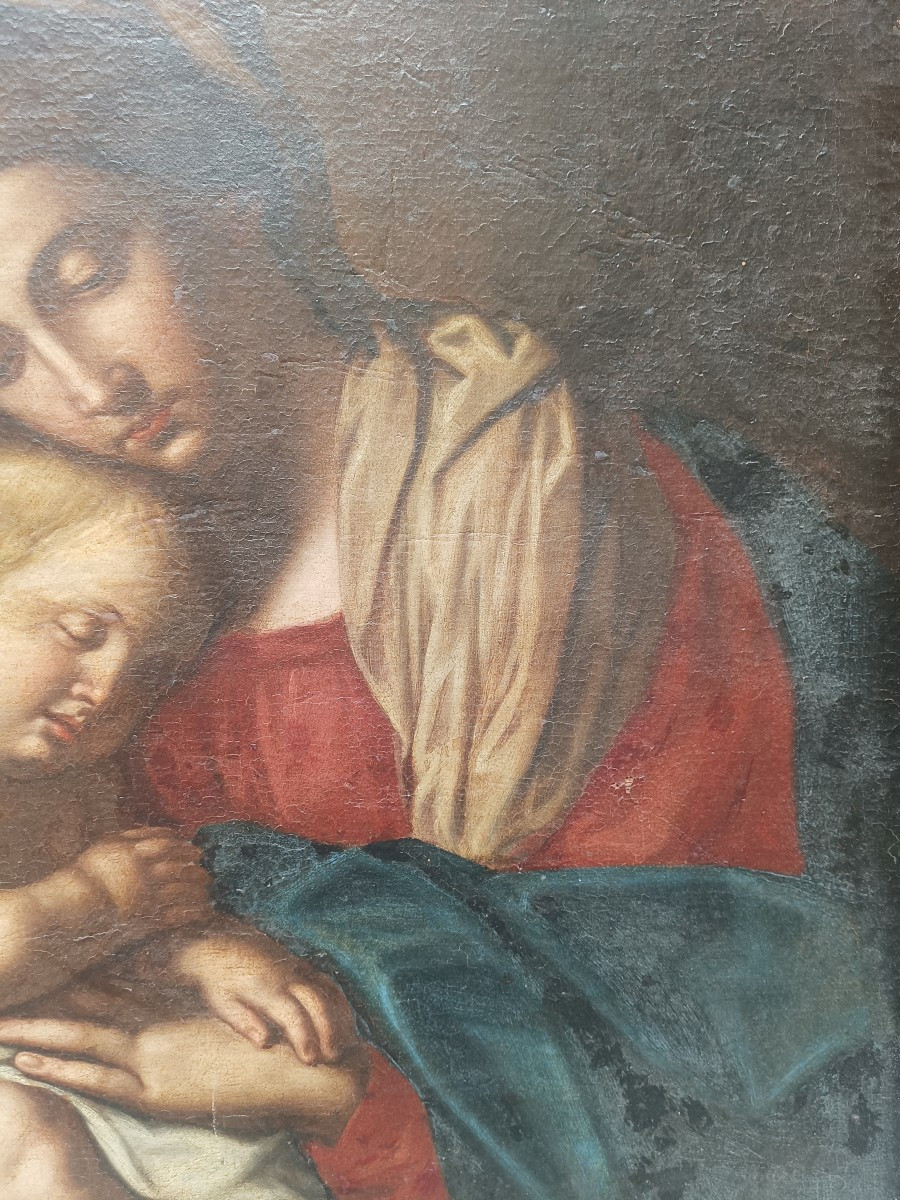 Olio su tela raffigurante madonna con bambino.Cerchia del Sassoferrato(1609-1685).-photo-3