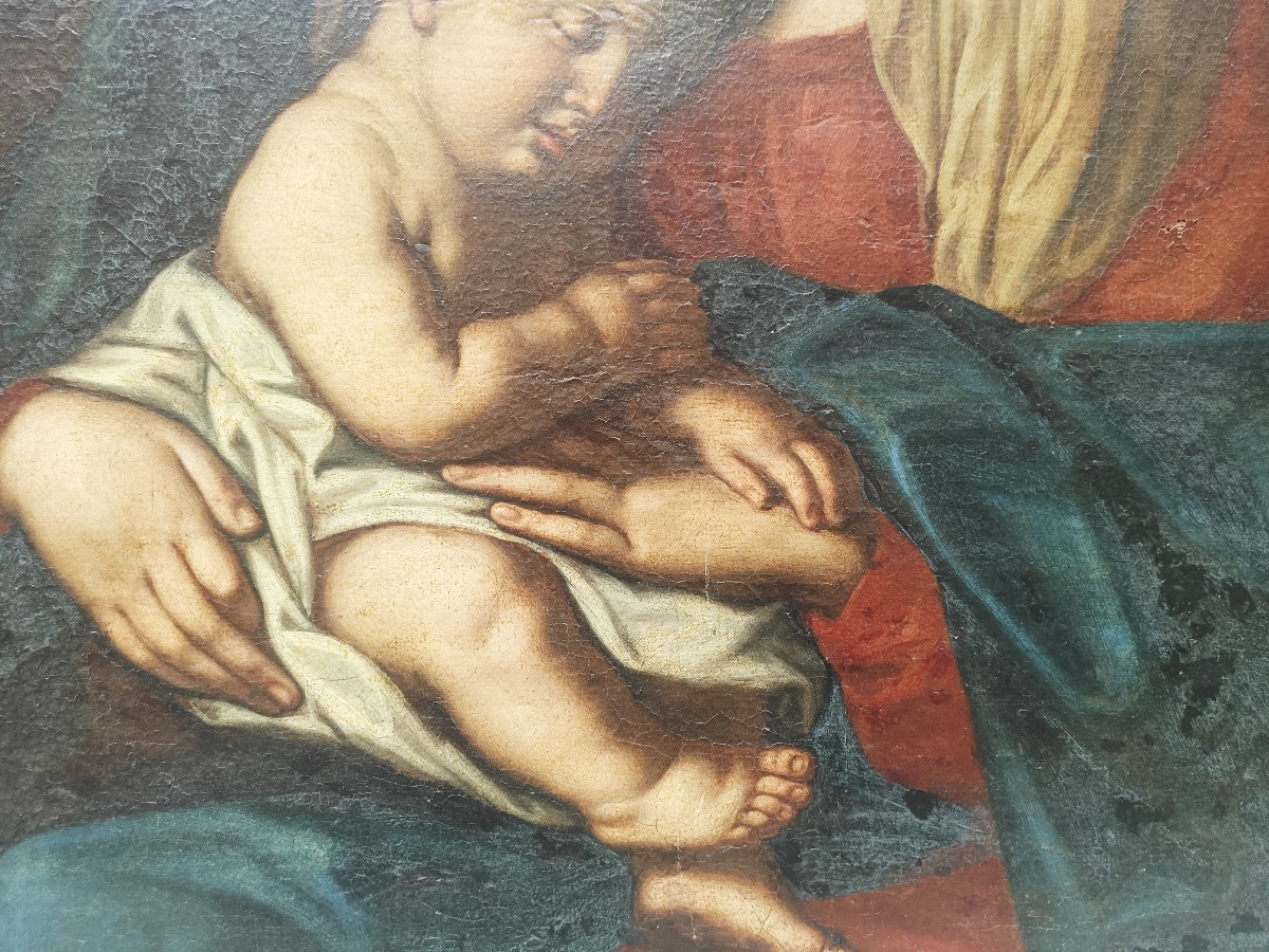 Olio su tela raffigurante madonna con bambino.Cerchia del Sassoferrato(1609-1685).-photo-4