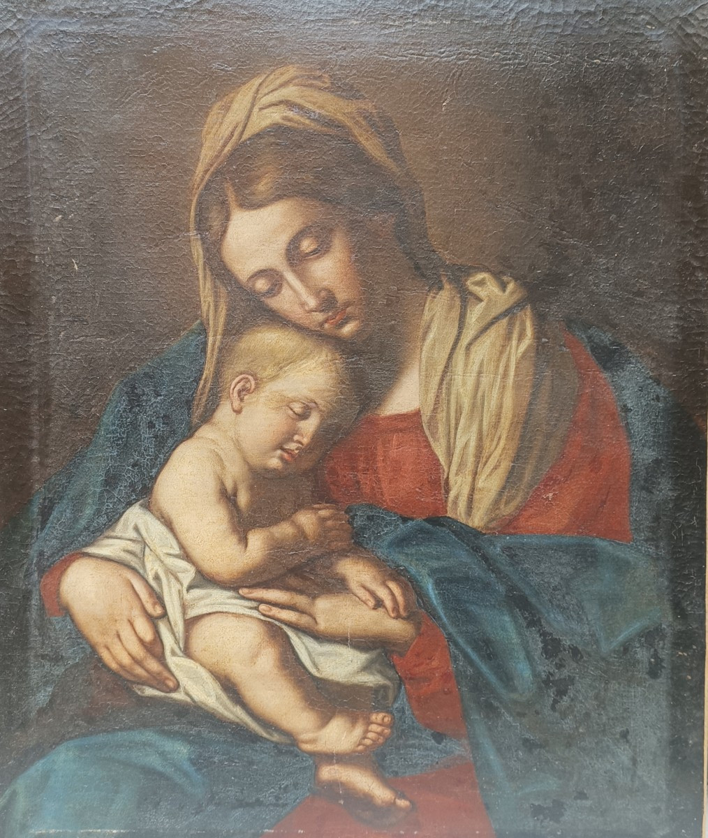 Olio su tela raffigurante madonna con bambino.Cerchia del Sassoferrato(1609-1685).