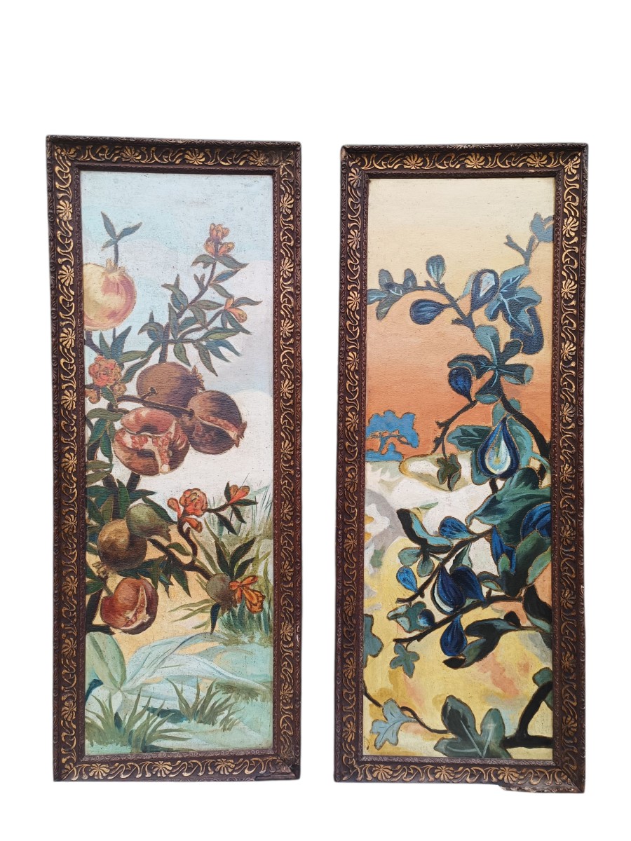 Coppia di pannelli dipinti raffiguranti alberi da frutto.Italia,inizio XX secolo.