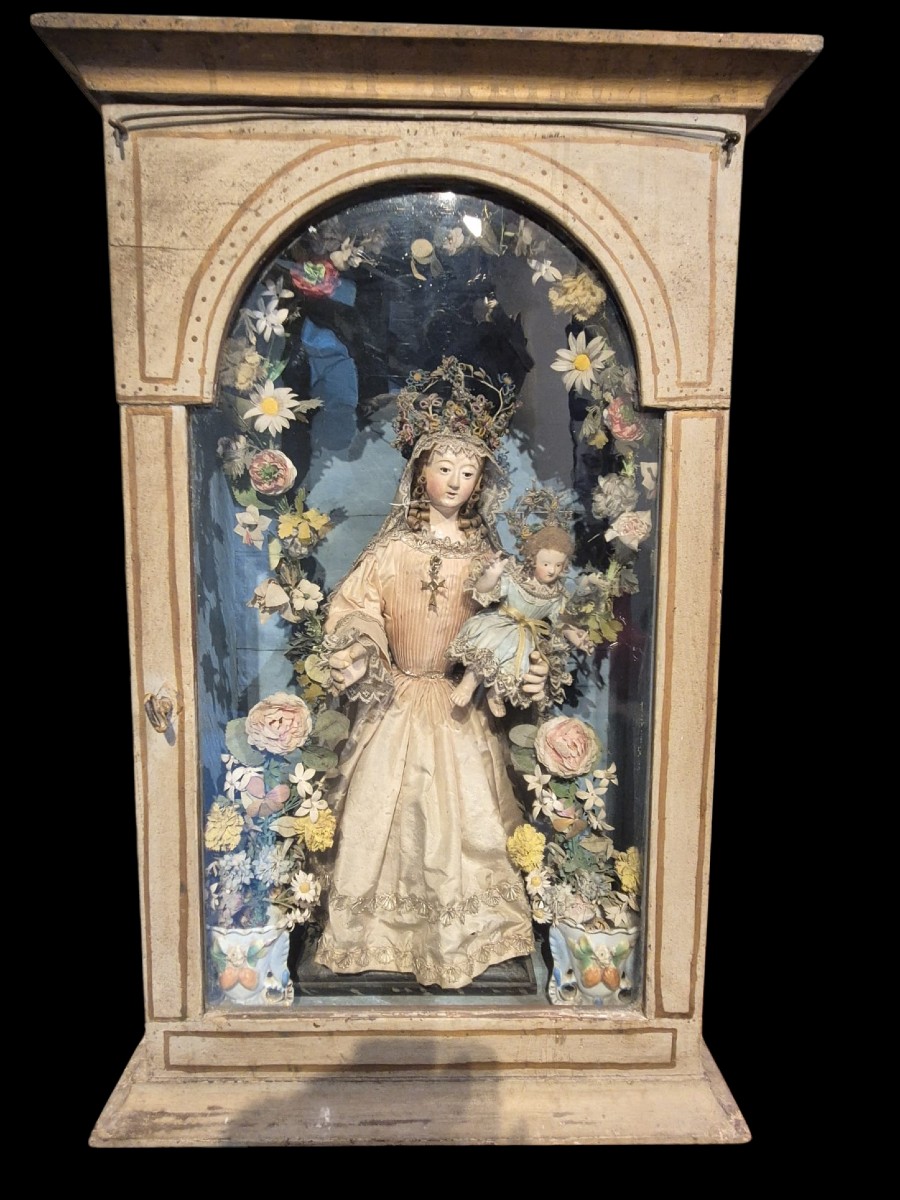 Scultura madonna con bambino in cartapesta.Toscana,inizio XIX secolo.