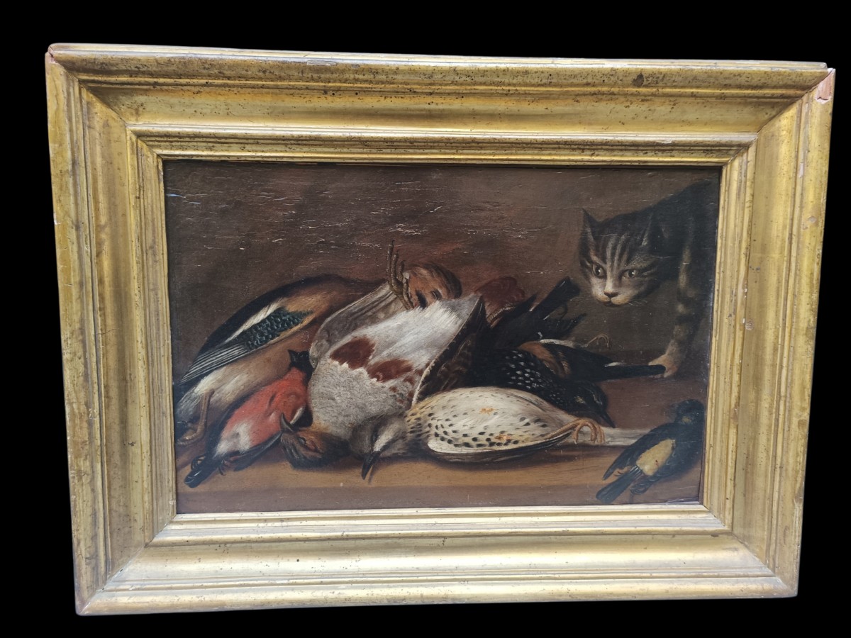 Natura morta ad olio su tavola.Cerchia di Baldassarre de Caro(Napoli-1689-1750)