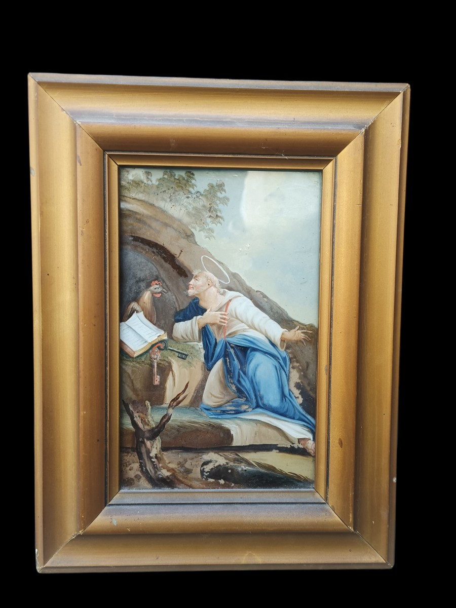 Dipinto su vetro di San Pietro ed il gallo.Veneto,XVIII secolo.-photo-2