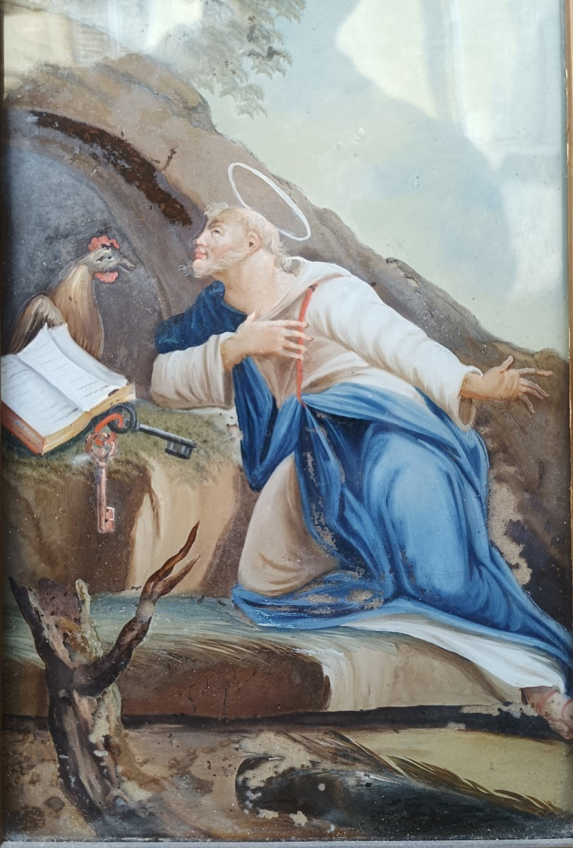 Dipinto su vetro di San Pietro ed il gallo.Veneto,XVIII secolo.