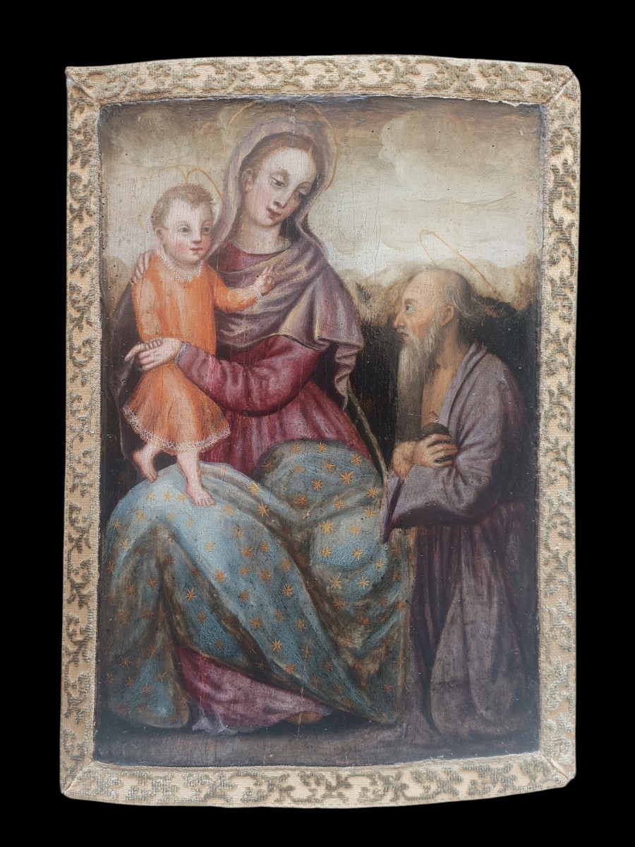 Olio su tavola raffigurante Madonna con bambino e san Girolamo. Italia,fine  XVI secolo.-photo-2