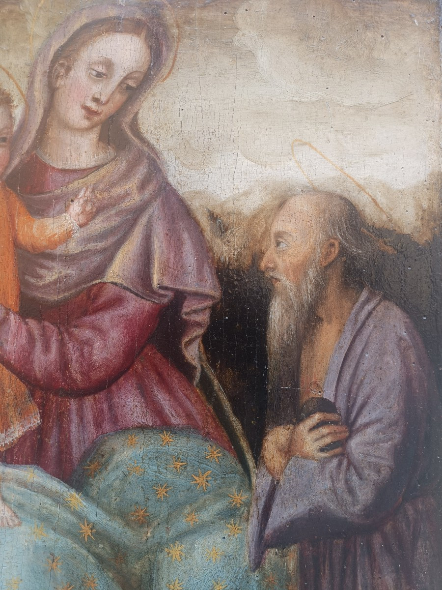 Olio su tavola raffigurante Madonna con bambino e san Girolamo. Italia,fine  XVI secolo.-photo-3