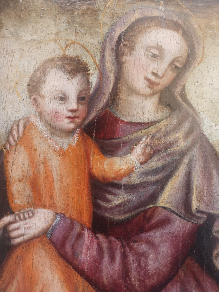 Olio su tavola raffigurante Madonna con bambino e san Girolamo. Italia,fine  XVI secolo.-photo-4