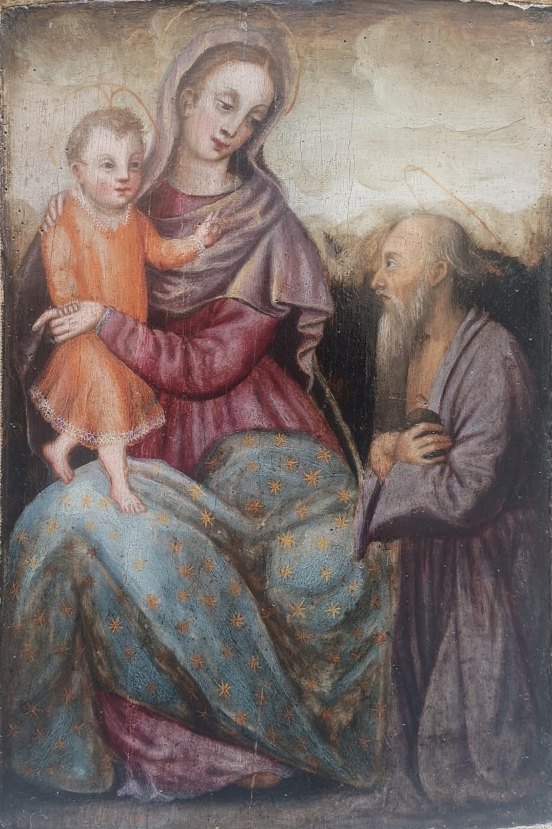 Olio su tavola raffigurante Madonna con bambino e san Girolamo. Italia,fine  XVI secolo.