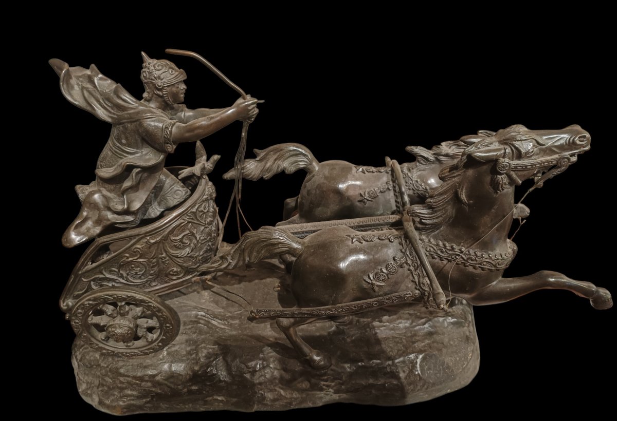 Scultura in bronzo raffigurante biga.Firmata Prof.G.Matteini,inizio XX secolo.-photo-2