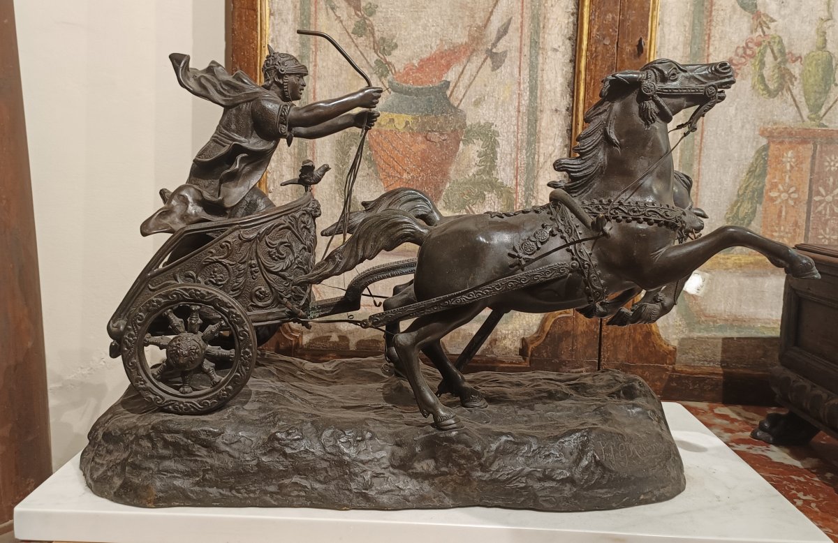 Scultura in bronzo raffigurante biga.Firmata Prof.G.Matteini,inizio XX secolo.-photo-1