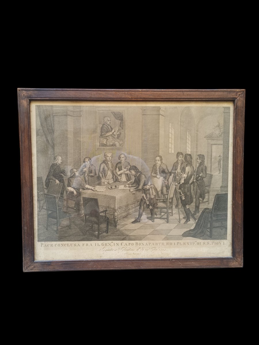 Incisione raffigurante trattato di Tolentino.Roma,1801.