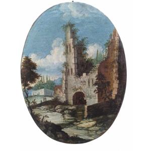 Dipinto ovale ad olio su tela raffigurante capriccio architettonico.Italia,XVIII secolo