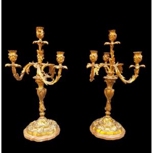 Coppia di candelabri in  bronzo dorato . Francia fine XIX secolo.