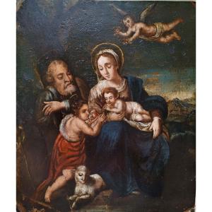 Grande dipinto ad olio su rame raffigurante sacra famiglia. Italia, inizio XVII secolo.