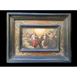 Dipinto ad olio su ardesia raffigurante cristo in gloria.Italia,XVII secolo.