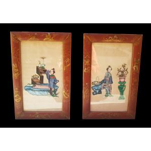 Coppia di dipinti di seta.Cina,1900 circa.