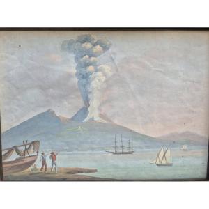 Gouache raffigurante eruzione del Vesuvio. Napoli,inizio  XIX secolo.